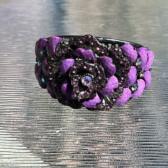Purple Floral Statement Cuff Bracelet – Rhinestones & Enamel, Vintage Style - Picture 2 of 4